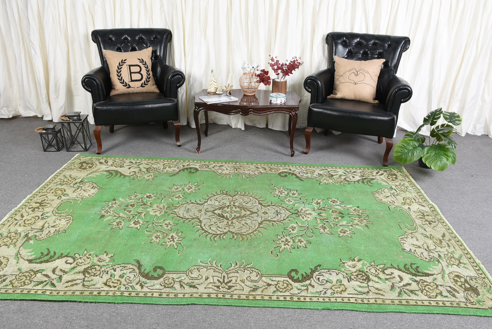 5,5×9,1 ft Vintage Rug, Green Camouflage Turkish Rug Wool