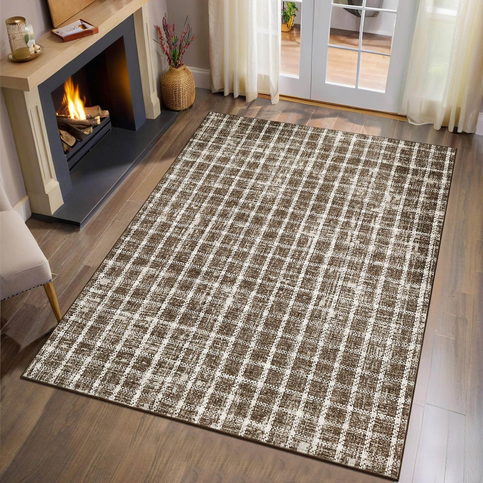4×6 Rug Non-Slip Washable Low-Pile Carpet – Checkered Braided Geometric Print…