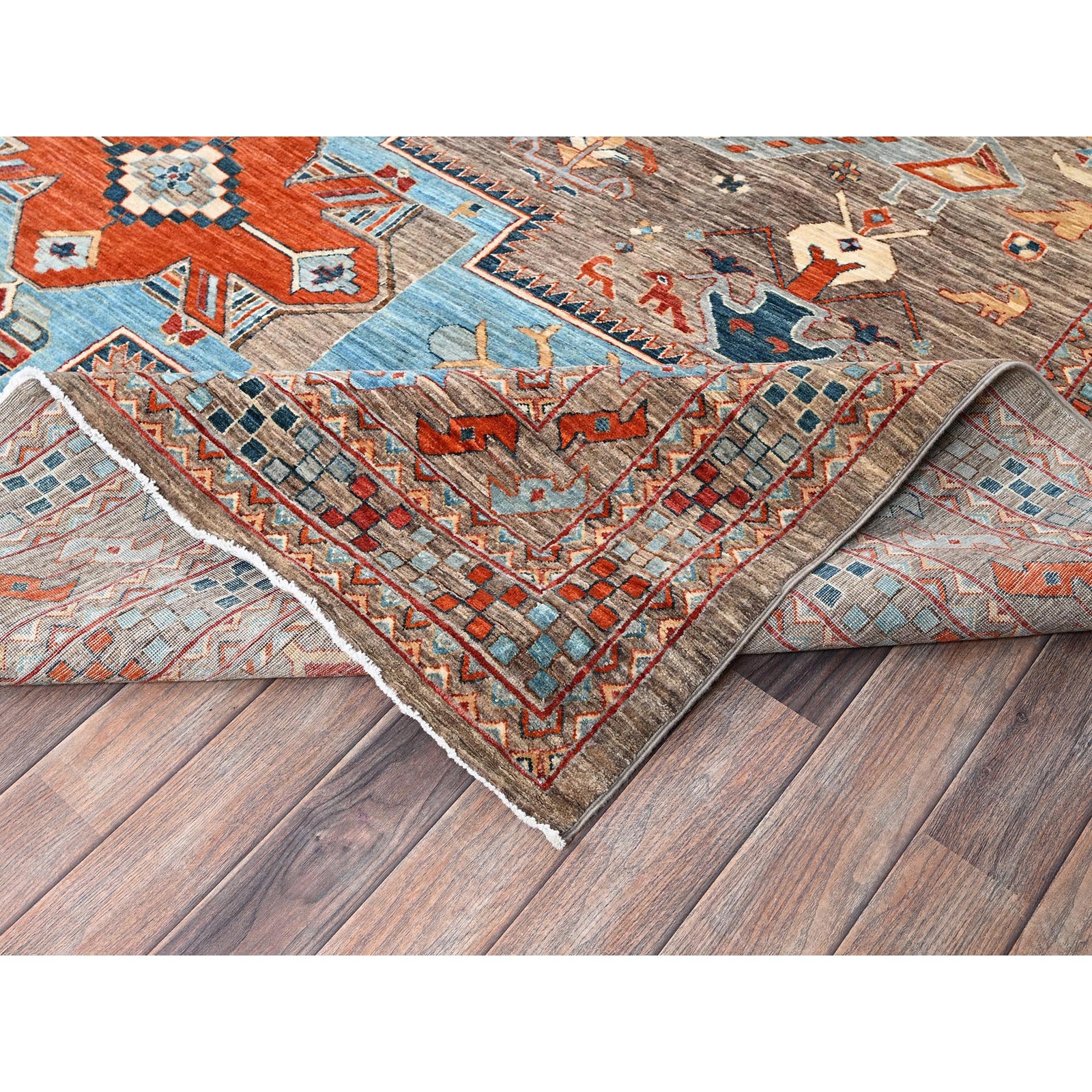9’1″x11’6″ Taupe Armenian Inspired Caucasian Design Wool Hand Knotted Rug R1143