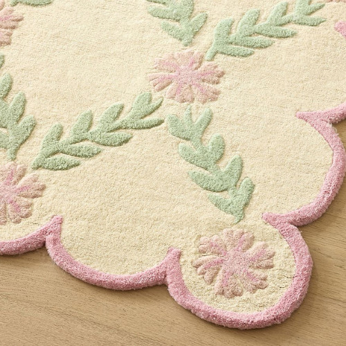 Hand Tufted Wool Area Rug Floral Scalloped Border Pink Green Handmade Home Decor