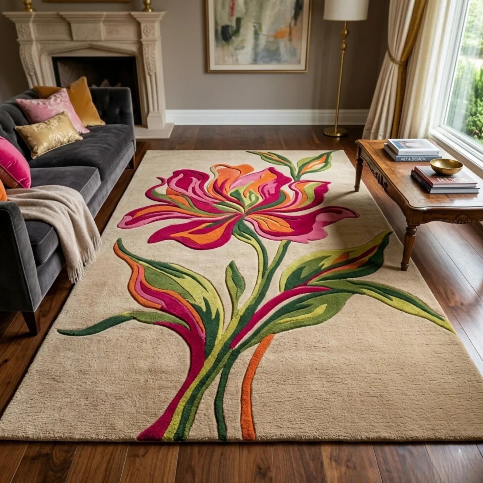 Multi-Color Hand Tufted Rug – Luxury Large Flower Botanical Design- Premium Wool