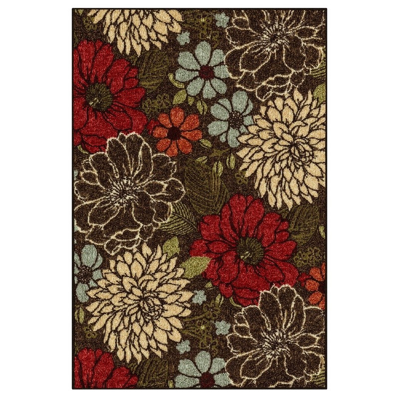 Multicolor Floral Print Area Rug Non Skid Backing Machine Washable Indoor Use
