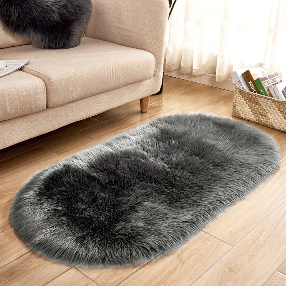 Dark Grey Sheepskin Runner Rugs 2×4 ft, Fluffy Shag Faux Fur Carpet Rug Seat