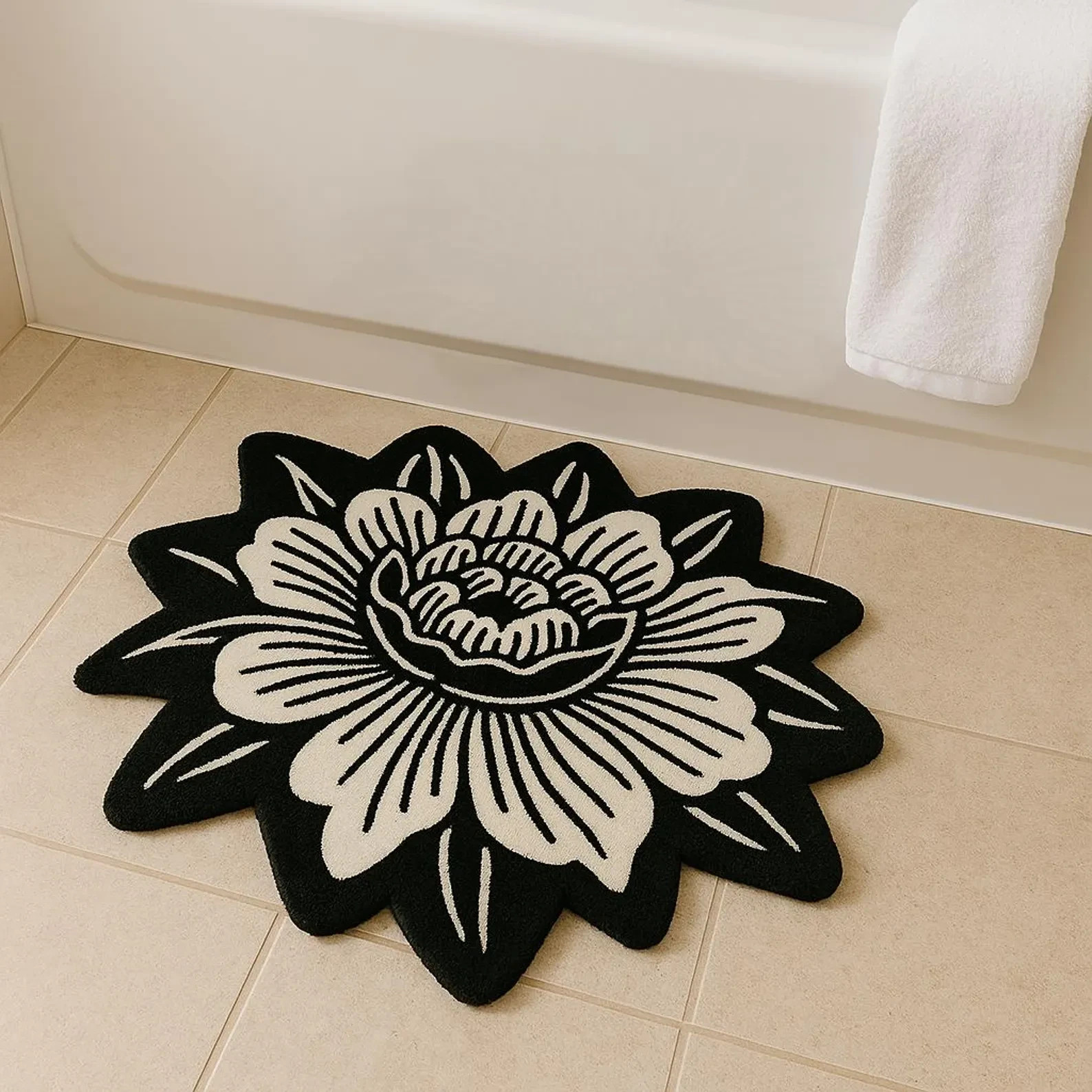 Hand Tufted Black & White Flower Rug | Unique Shaped Area Rug Modern Carpet Rug