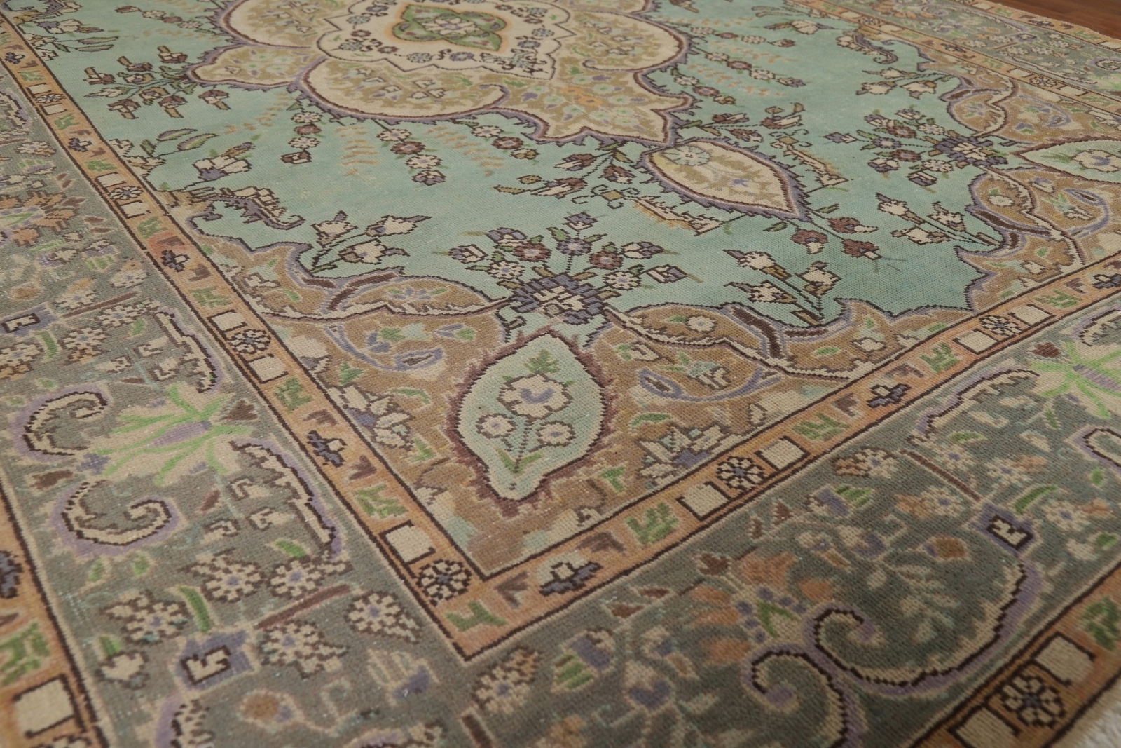 Aqua Green Medallion Tebriz Floral Area Rug 6×9 Wool Hand-knotted Room Size Rug