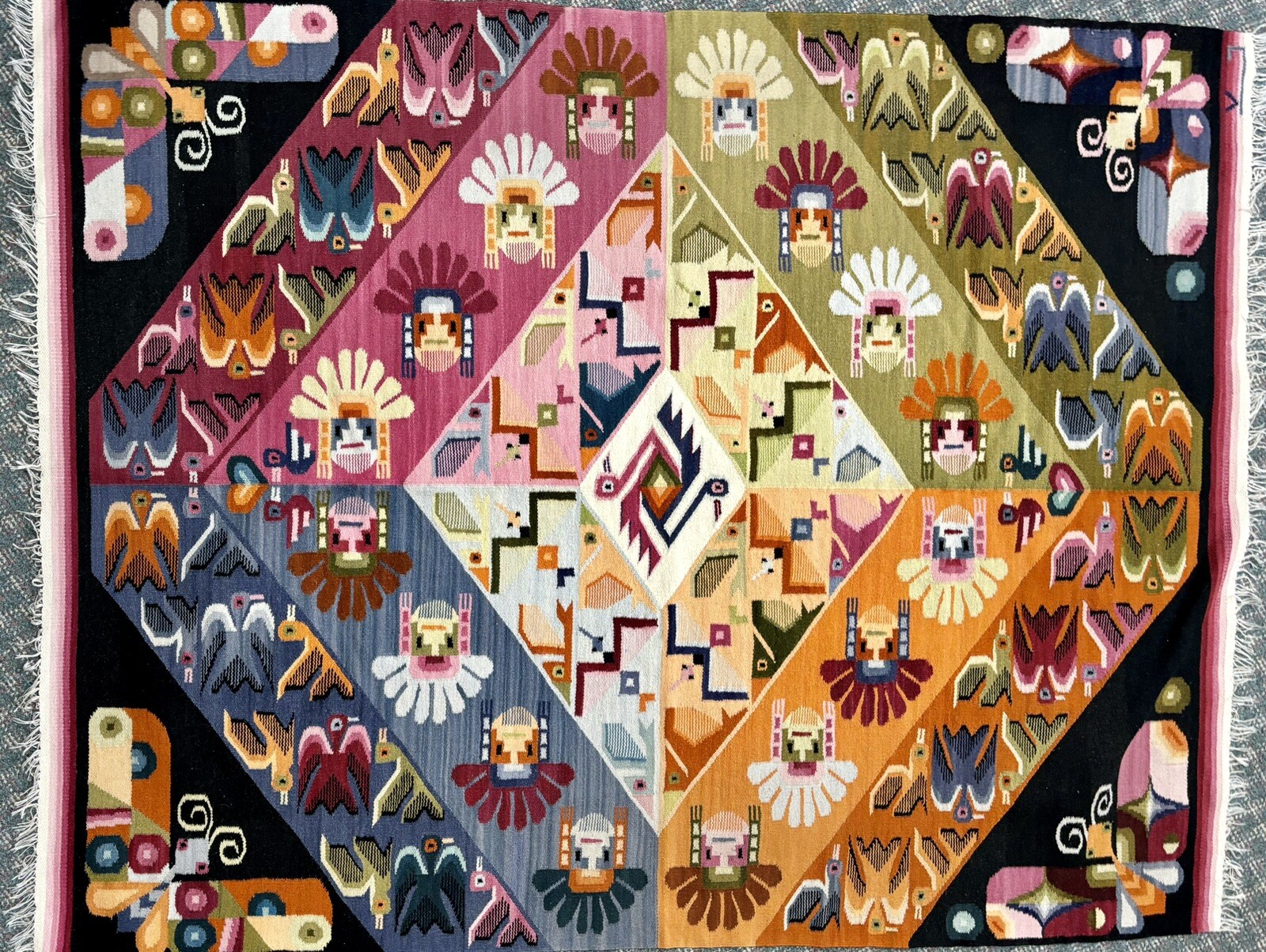 Hand-Woven Wool Peruvian Rug/Kilm Multi Color Boho Birds /j