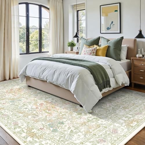 Sage Green Boho Area Rugs for Bedroom Aesthetic 8×10 – Washable Floral