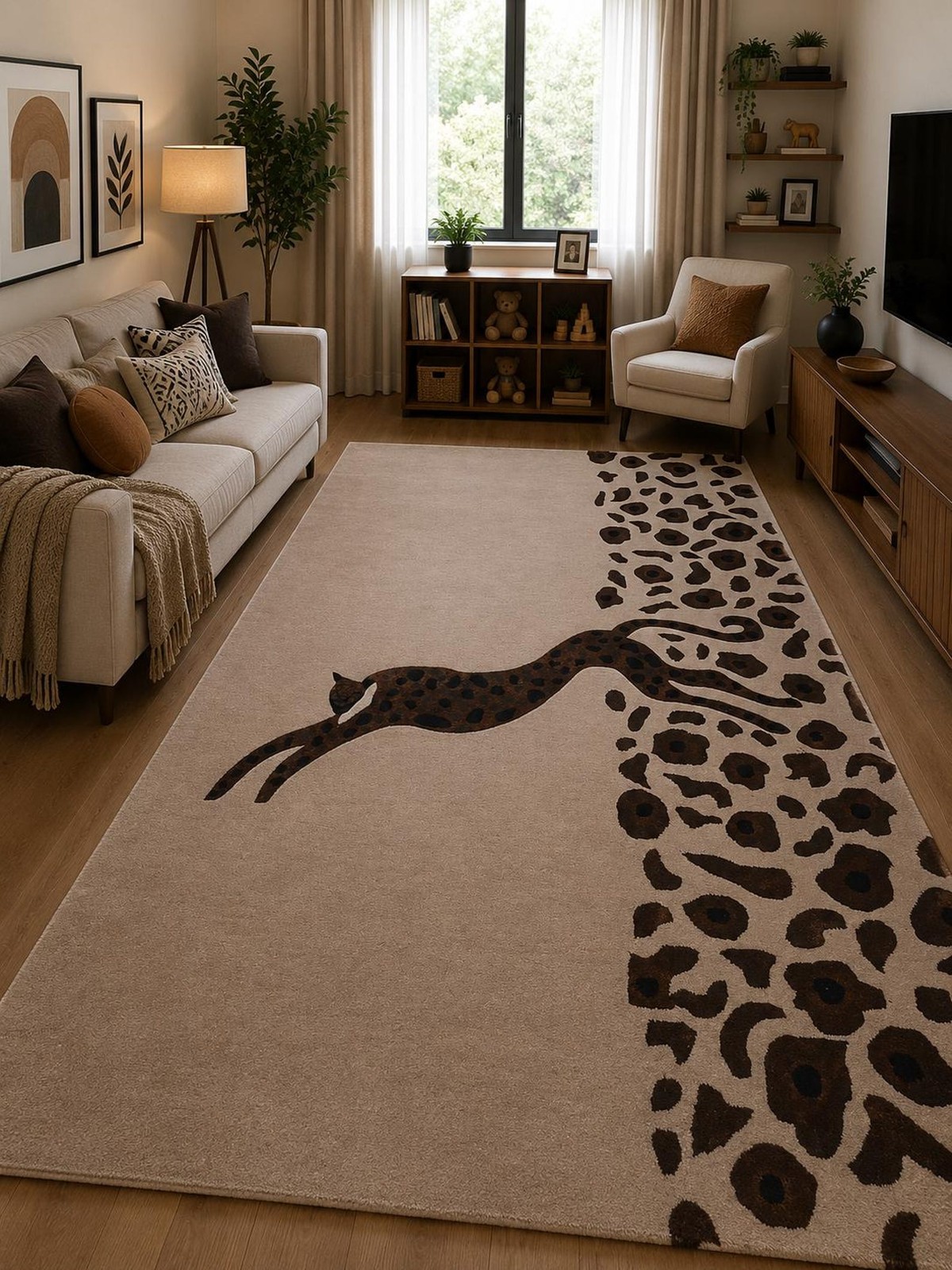 Hand Tufted Leopard Print Area Rug – Modern Beige Animal Pattern Carpet