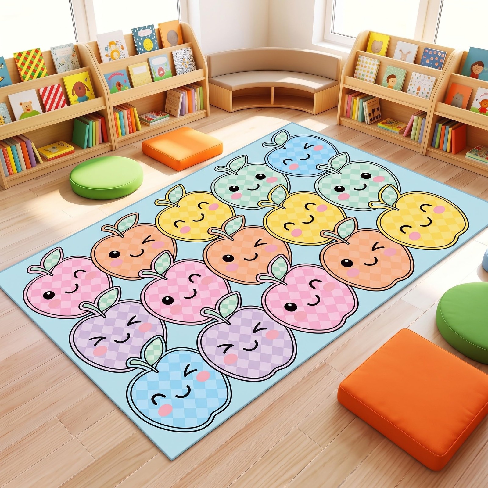Dunzy 5×7.6 ft Pastel Apple Face Classroom Rug, Rainbow Smileys Educational A…