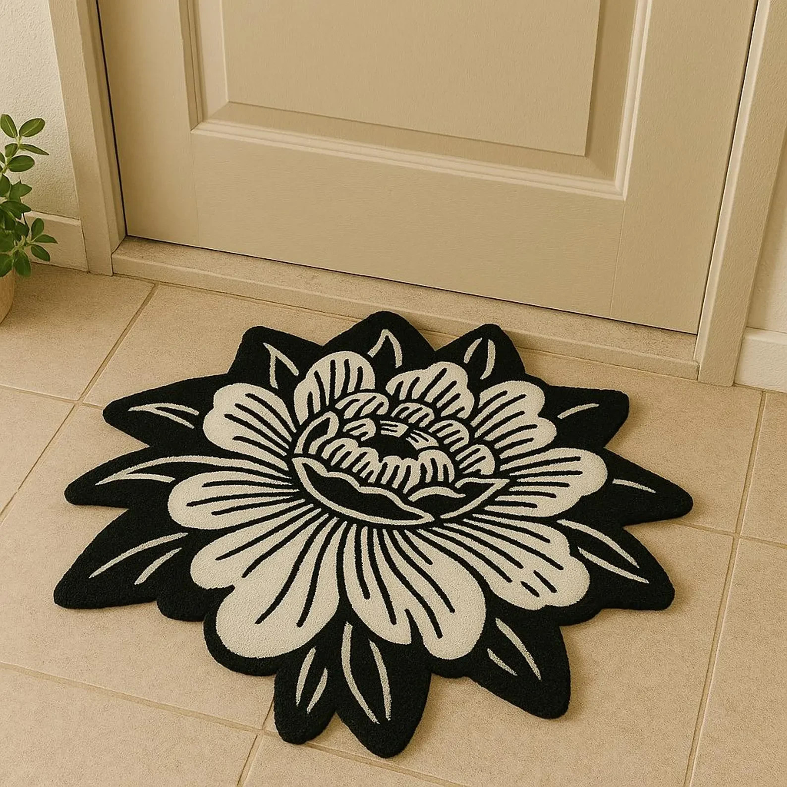 Hand Tufted Black & White Flower Rug | Unique Shaped Area Rug Modern Carpet Rug
