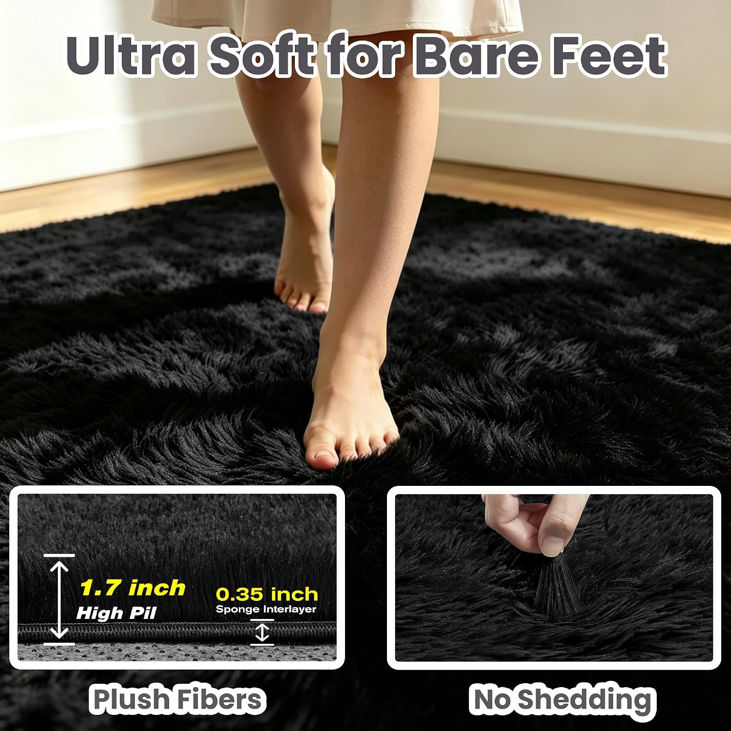 8X10 Area Rug for Living Room, Ultra Soft Fluffy Black Rugs for Bedroom, Non Sli