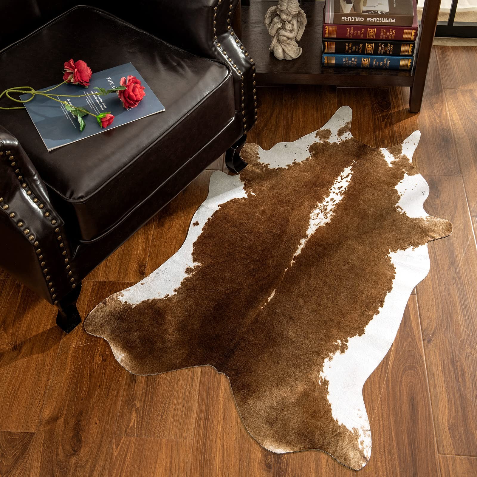 Faux Cowhide Rug, 4.6 x 5.2 Feet, Cow Print Animal Carpet, Western Decor, Brown