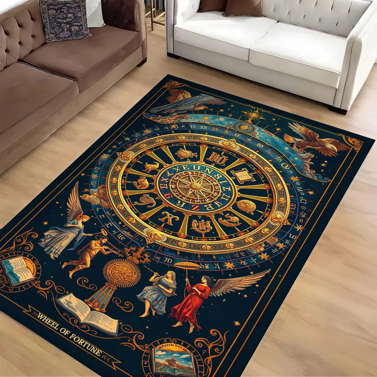 Rectangular Rug with Zodiac Wheel and Mythical Figures in Gold and Blue