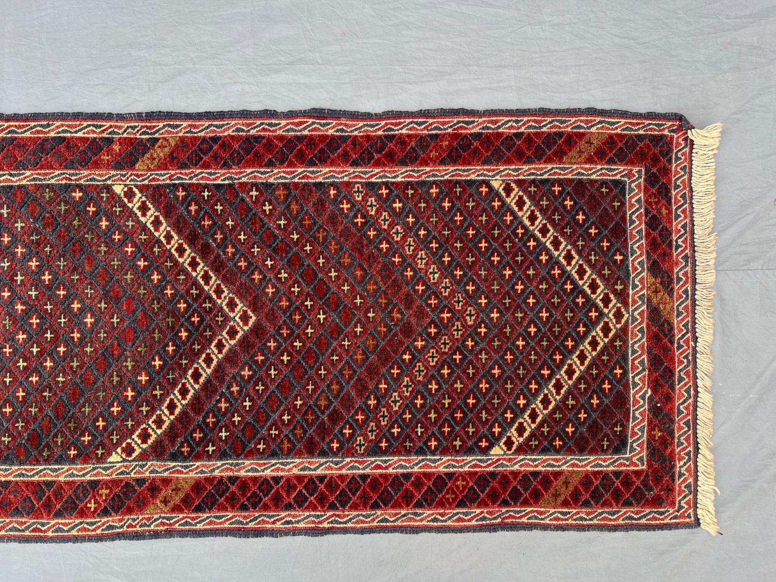 2’1 x 9’2 Ft Classic Afghan Mishwani Runner Rug – Deep Red Geometric Pattern Rug