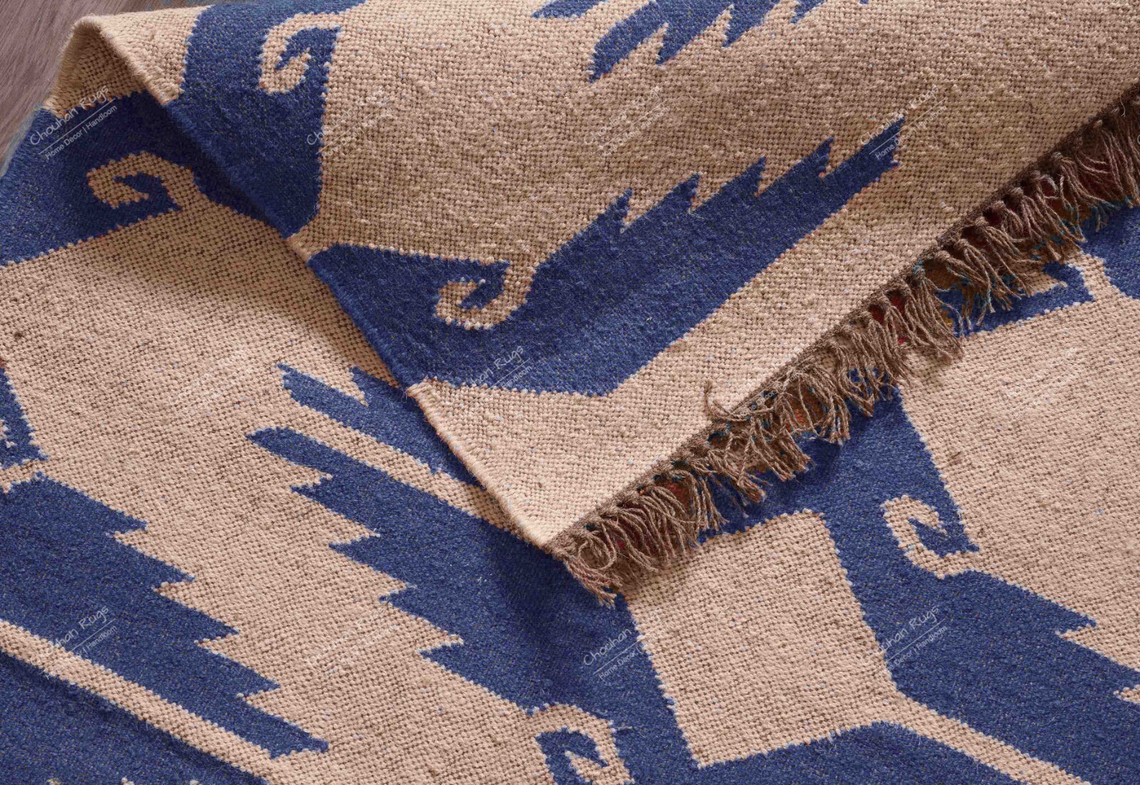 Handwoven Wool Jute Kilim Rug, Off White With Light Blue Design Fringes Jute Rug