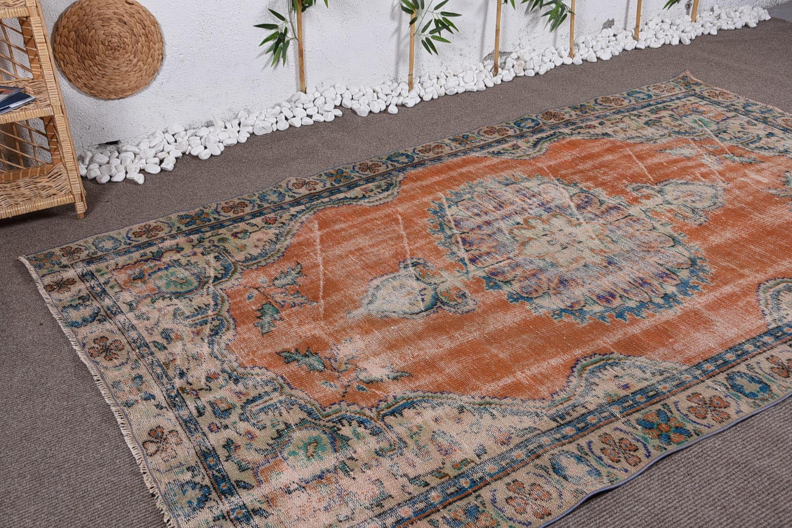 Turkish Vintage Rug 5,4×9,2 ft (164×281 cm), Orange Camouflage Wool Rug