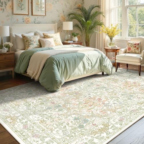 Sage Green Boho Area Rugs for Bedroom Aesthetic 8×10 – Washable Floral