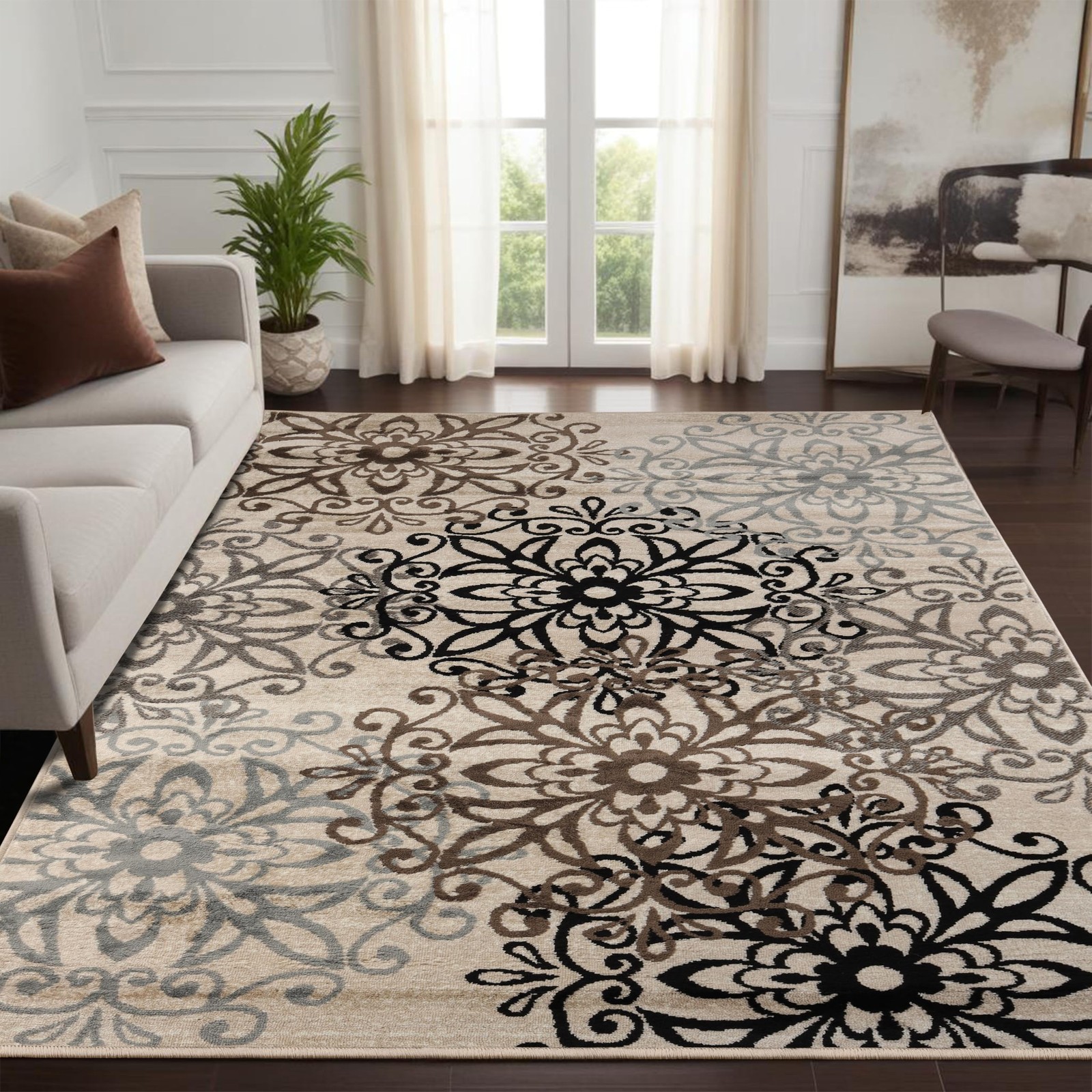Indoor Area Rug, Modern Floral Design, 6’x9′, Beige-ivory