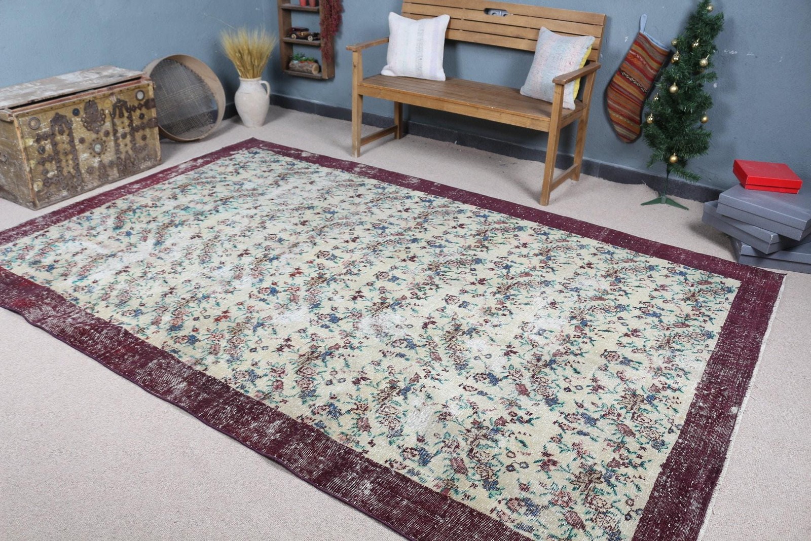 Vintage 6,6×10,1 ft Large Rug, Turkish Rug, Red Ikat Rug