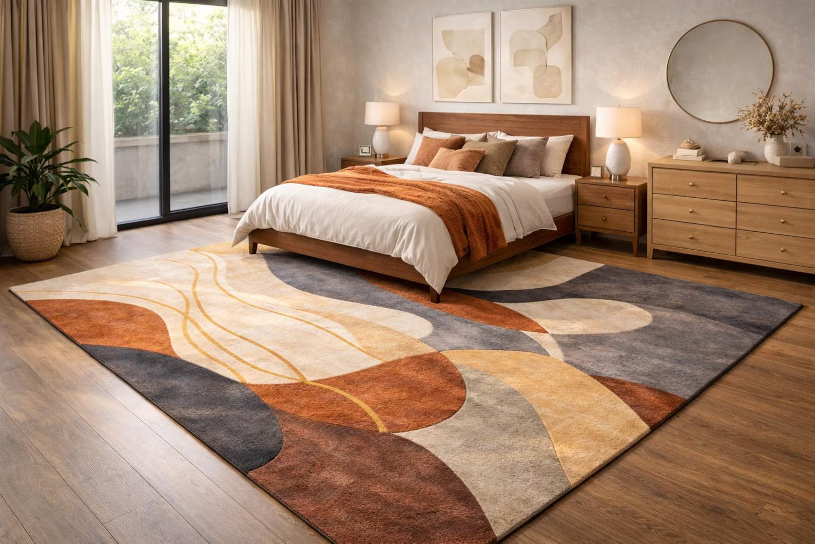 Hand-Tufted 8×10 Abstract Wool Rug, Beige Brown Grey Geometric Area Rug Carpet.