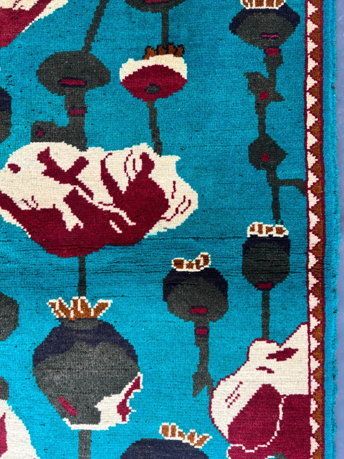 2’8 x 4 Ft Rare Afghan Opium Rug – Turquoise Field Tribal Pictorial Wool Carpet
