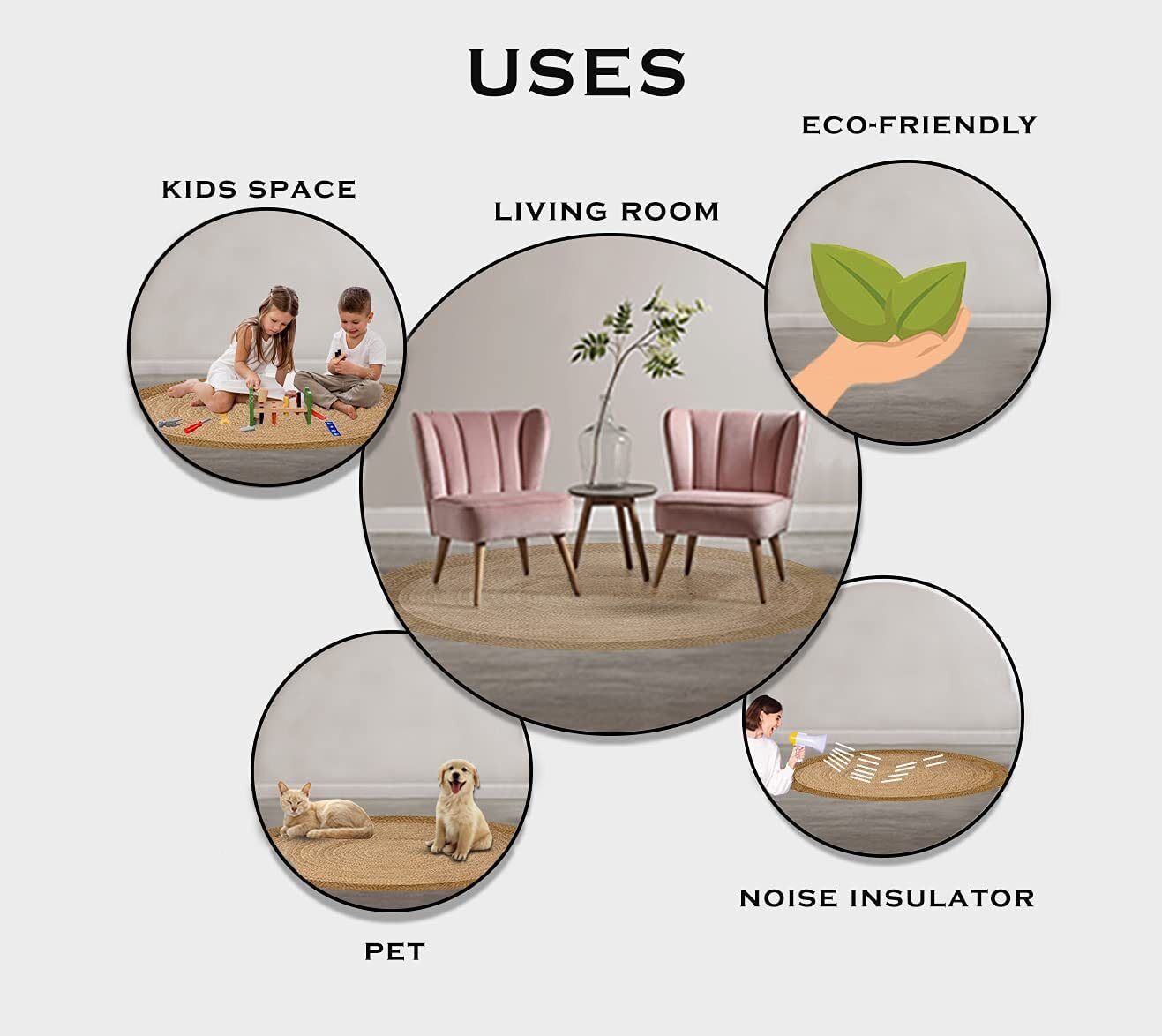 Rug Jute Natural Round 100% Jute Style Rug Reversible Braided Modern Rustic Look