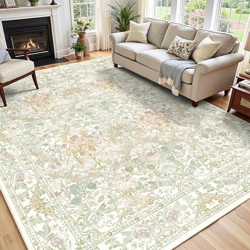 Sage Green Boho Area Rugs for Bedroom Aesthetic 8×10 – Washable Floral