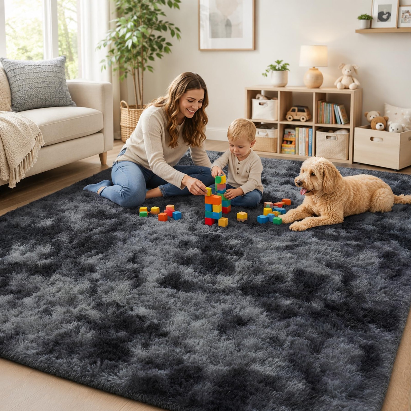 PLHXFR 8×10 Area Rugs Living Room: 8′ x 10′ (Rectangular), Tie-dyed Dark Grey
