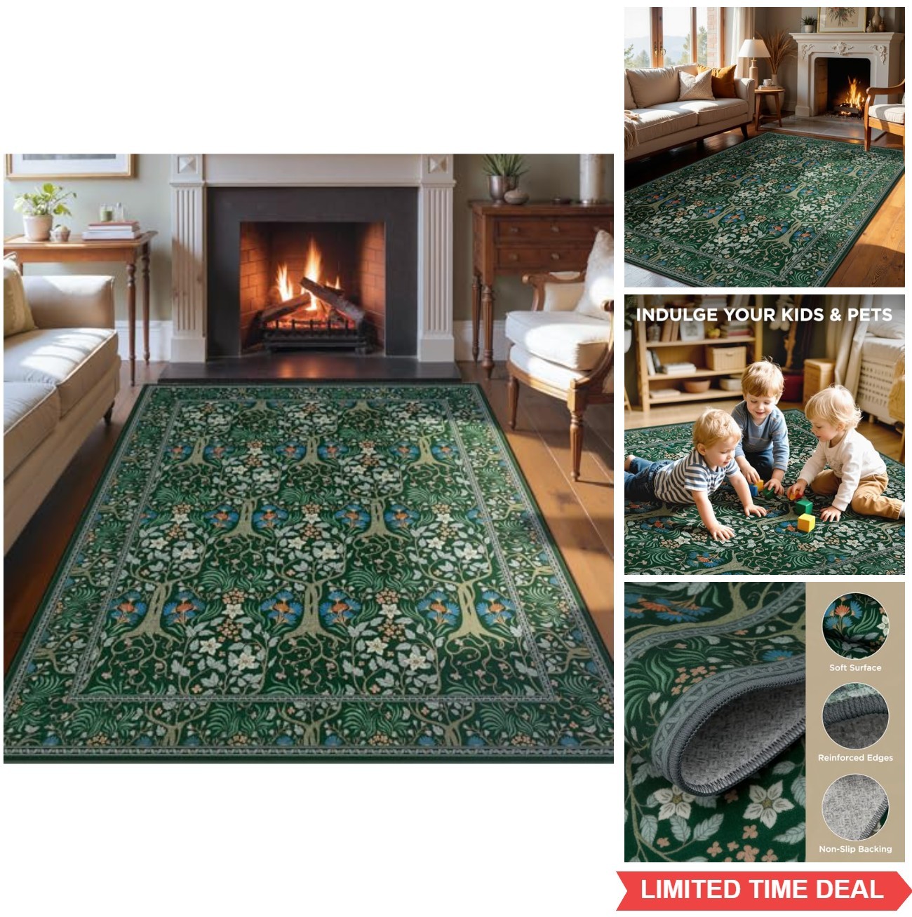 Area Rug 5×7 Washable Low Pile Non Slip Tree of Life Botanical Floral Bedroom
