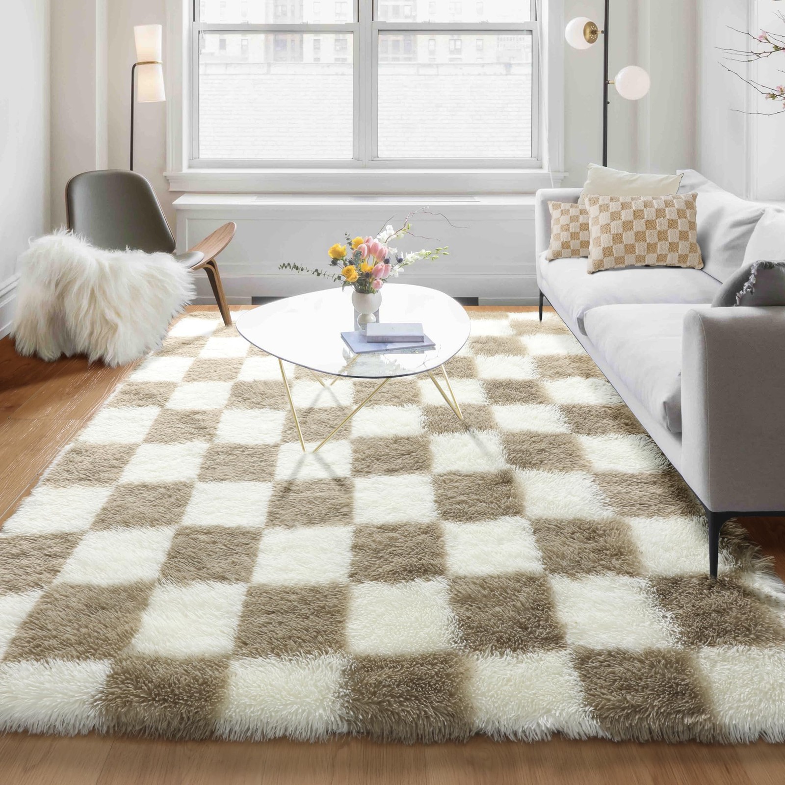 Rugs for Living Room, 5×8 Fluffy Soft Beige and Cream White Checkered Shag Ar…