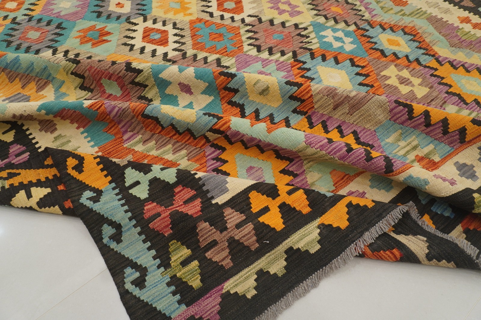 8×11 ft Black Afghan Handmade Geometric Wool Kilim Area Rug (8’3″x11’5″)