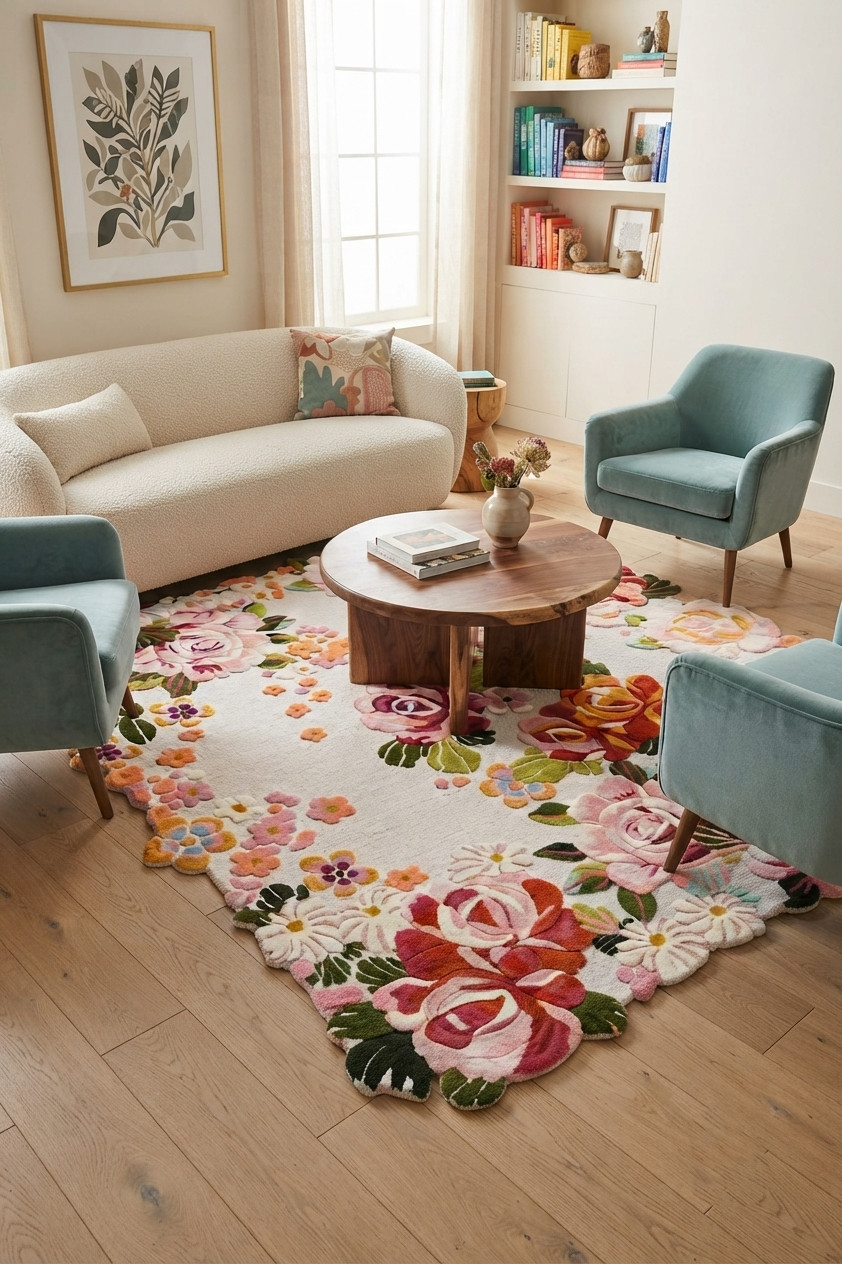Floral Hand Tufted Wool Rug Modern Living Room Carpet Office Kitchen Area Rugs