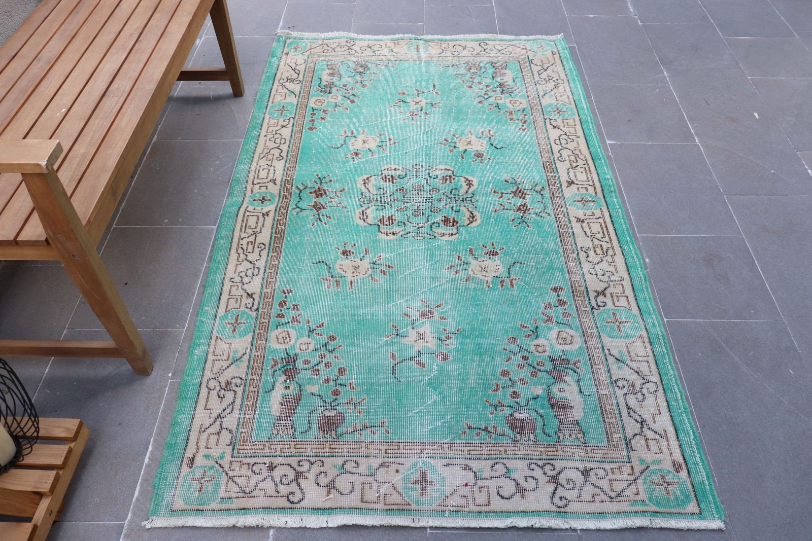 Turkish Vintage Area Rug 3,8×6,4 ft (115×195 cm), Green Camouflage Rug Rug