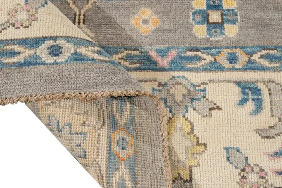 Hand Knotted Oushak Rug Gray Turkish Floral Wool Area Carpet