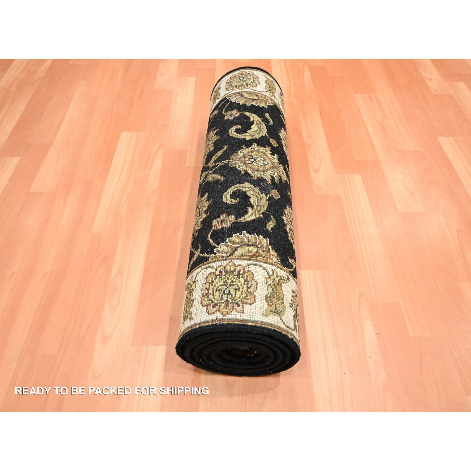 2’6″x8′ Black Rajasthan Leaf Design Hand Knotted Wool & Silk Runner Rug R75619