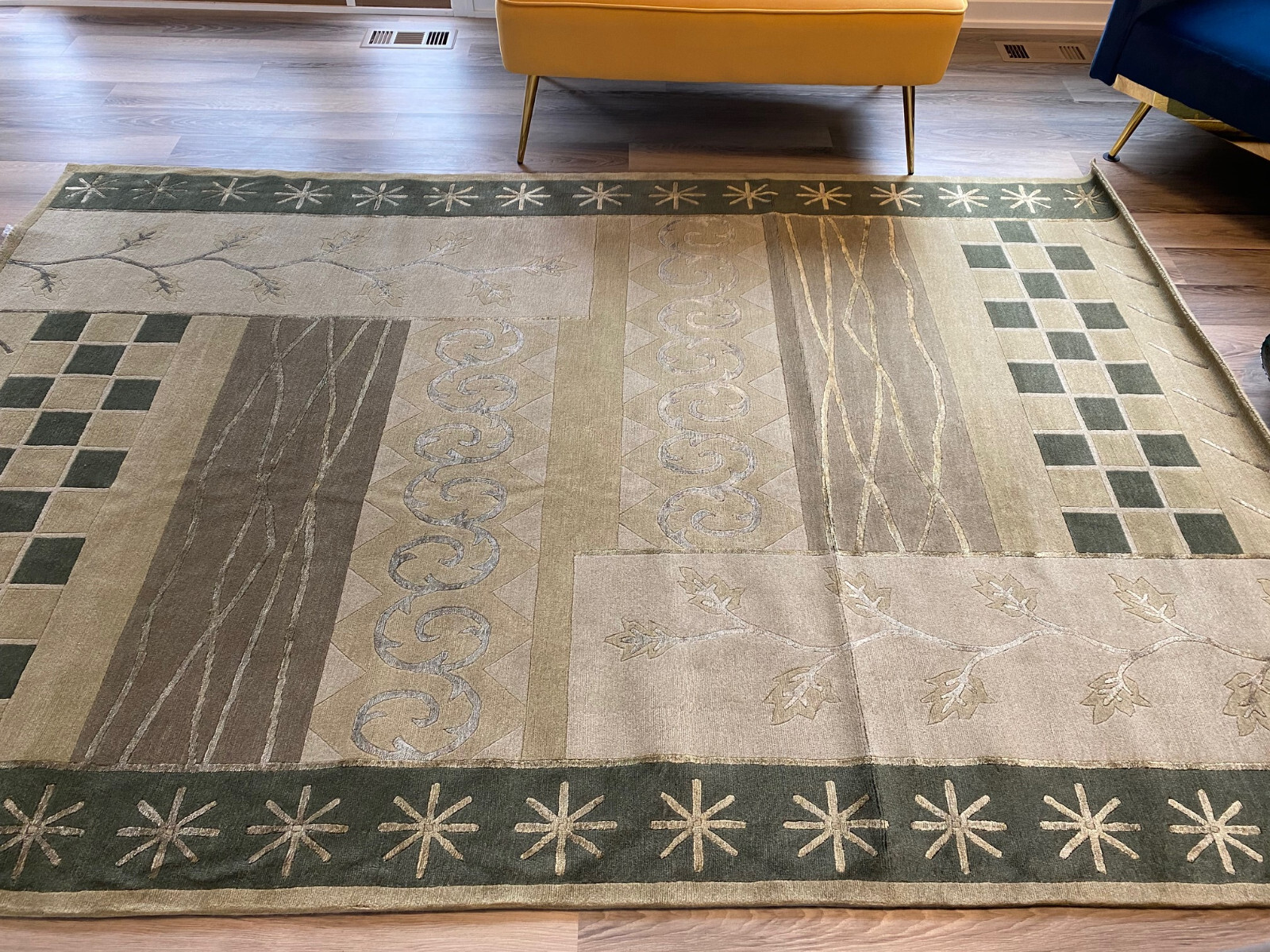 1136 Gorgeous Green Color Wool & Silk Tibetan Area Rug 6′ X 9′ Handmade In Nepal