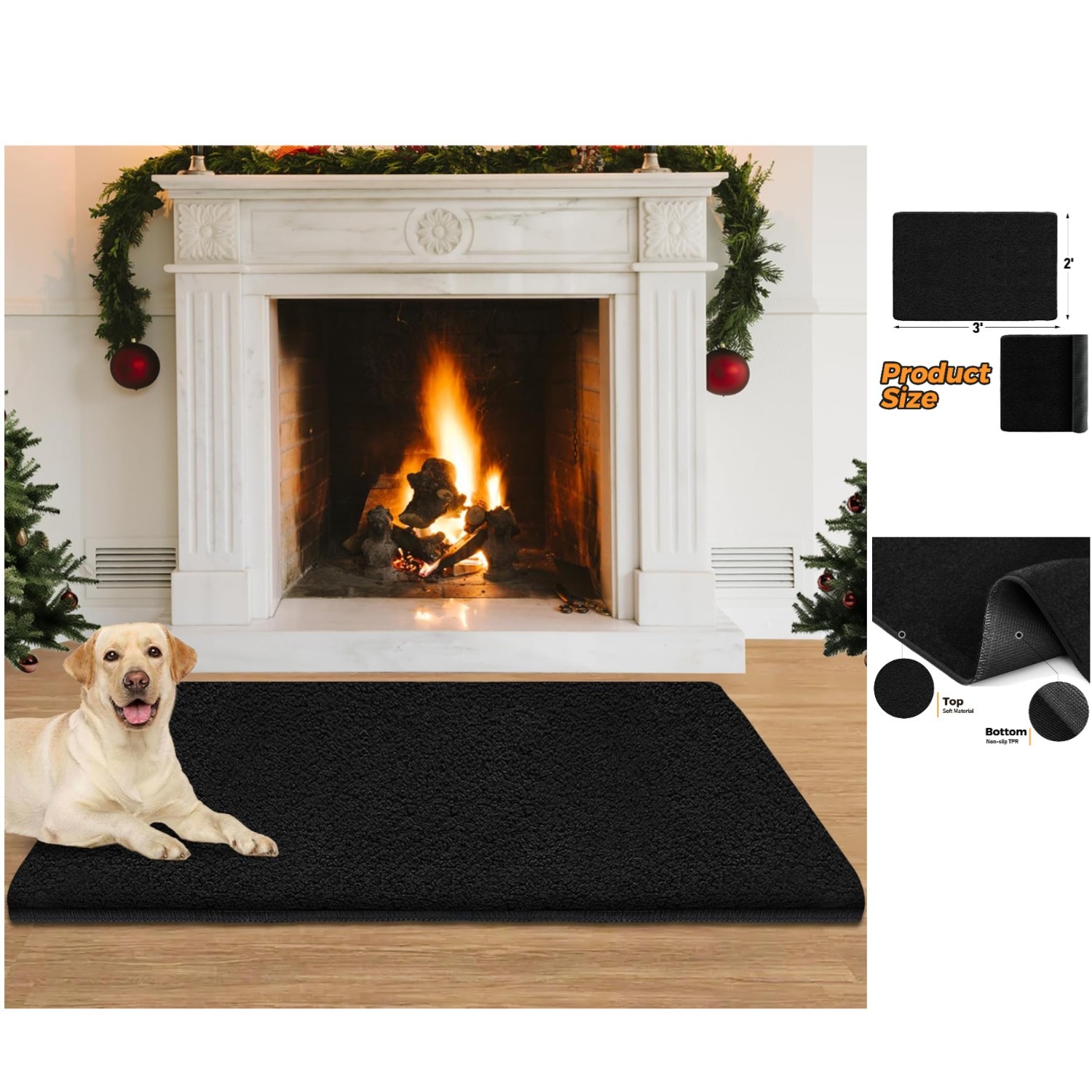 Elegant Black Fireplace Rug – 2′ x 3′ Fireproof Non-Slip Design for Floors