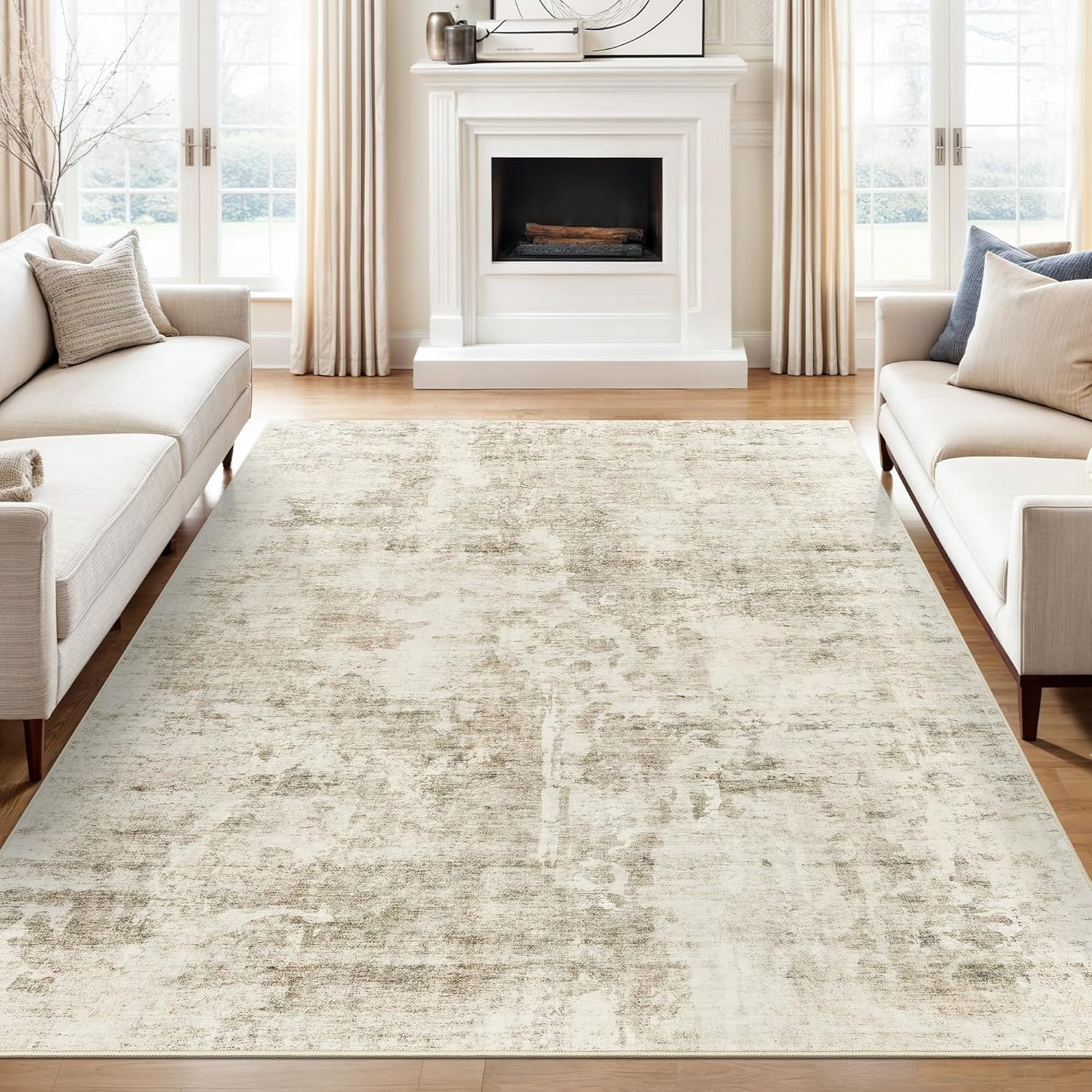 6×9 Washable Abstract Area Rug Non Slip Low Pile Carpet Beige Gray