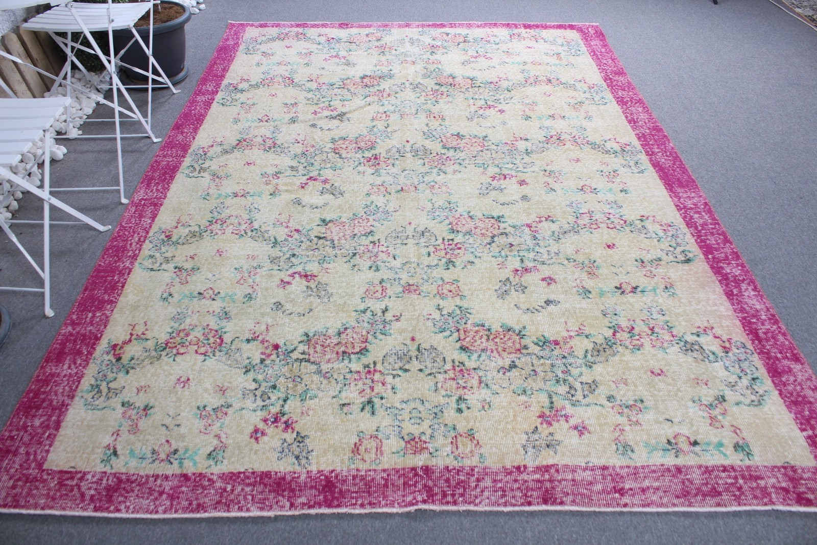 Turkish Vintage Rug, 6,9×9,7 ft Rug, Pink White Oriental Rug