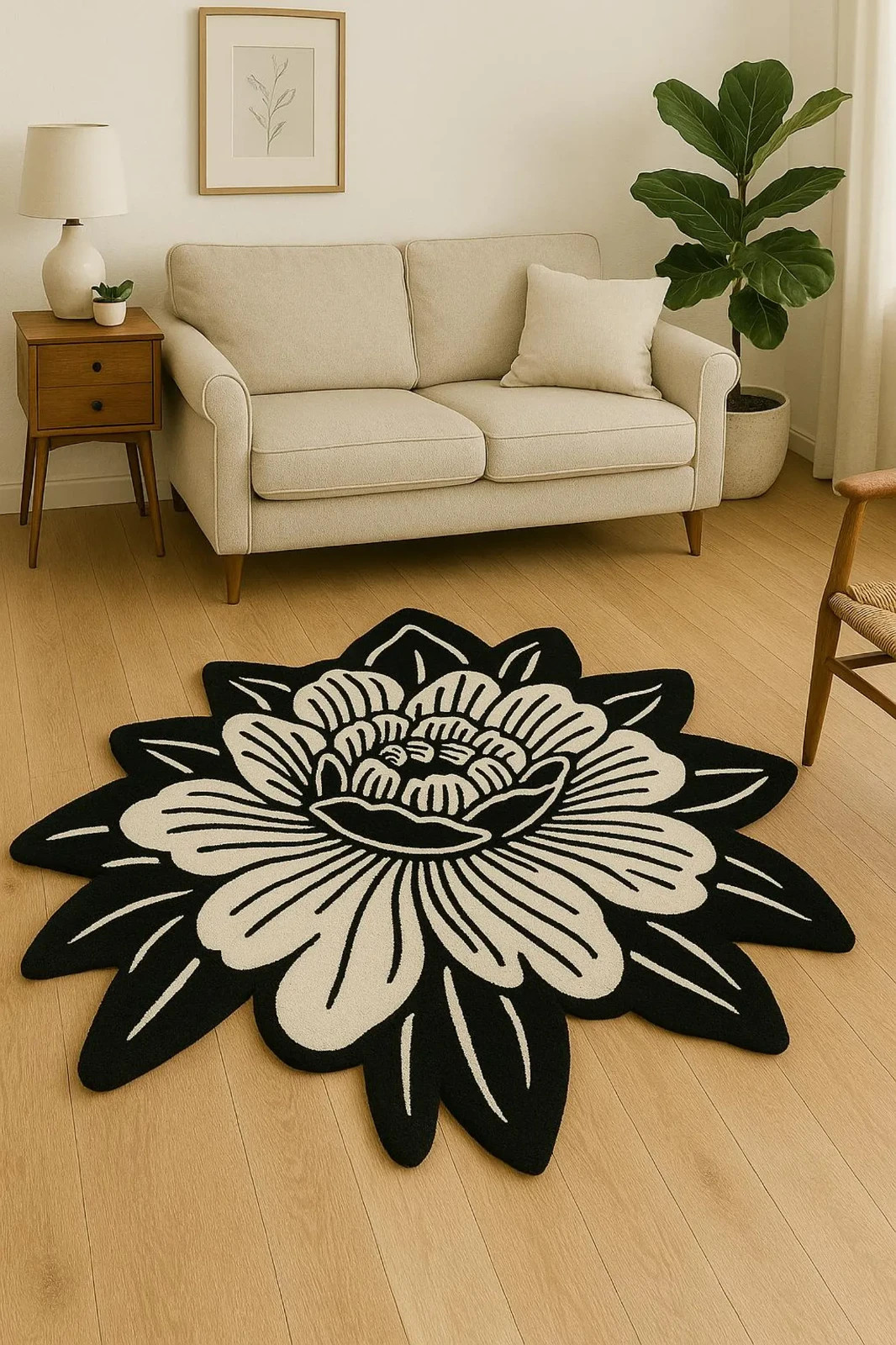 Hand Tufted Black & White Flower Rug | Unique Shaped Area Rug Modern Carpet Rug