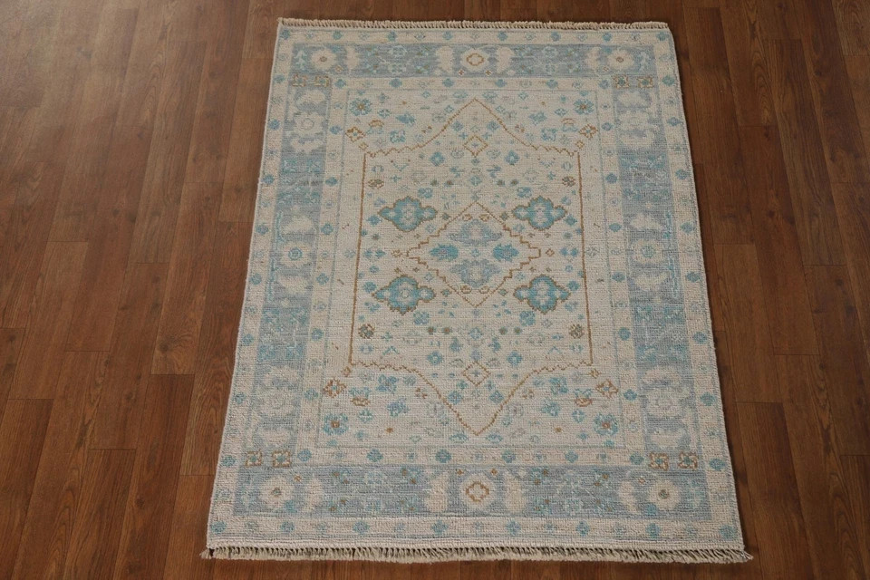 Hand Knotted Oushak Wool Rug Vintage Turkish Floral Light Blue Cream Area Carpet