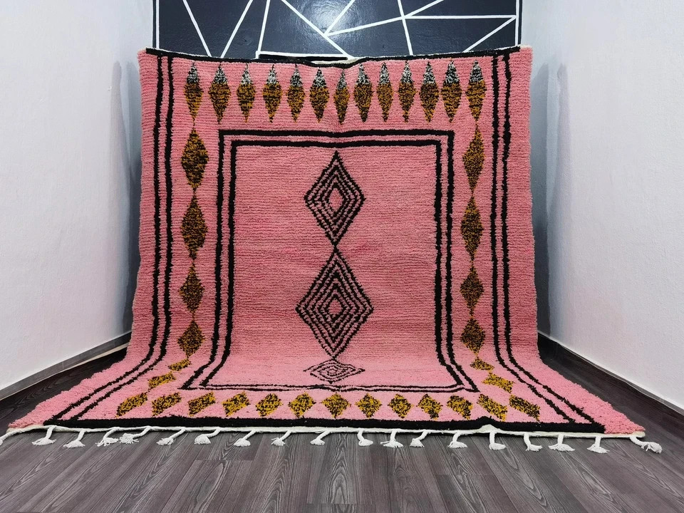 Moroccan Pink Wool Blend Rug Handmade Berber Tribal Area Carpet Tassel Rug