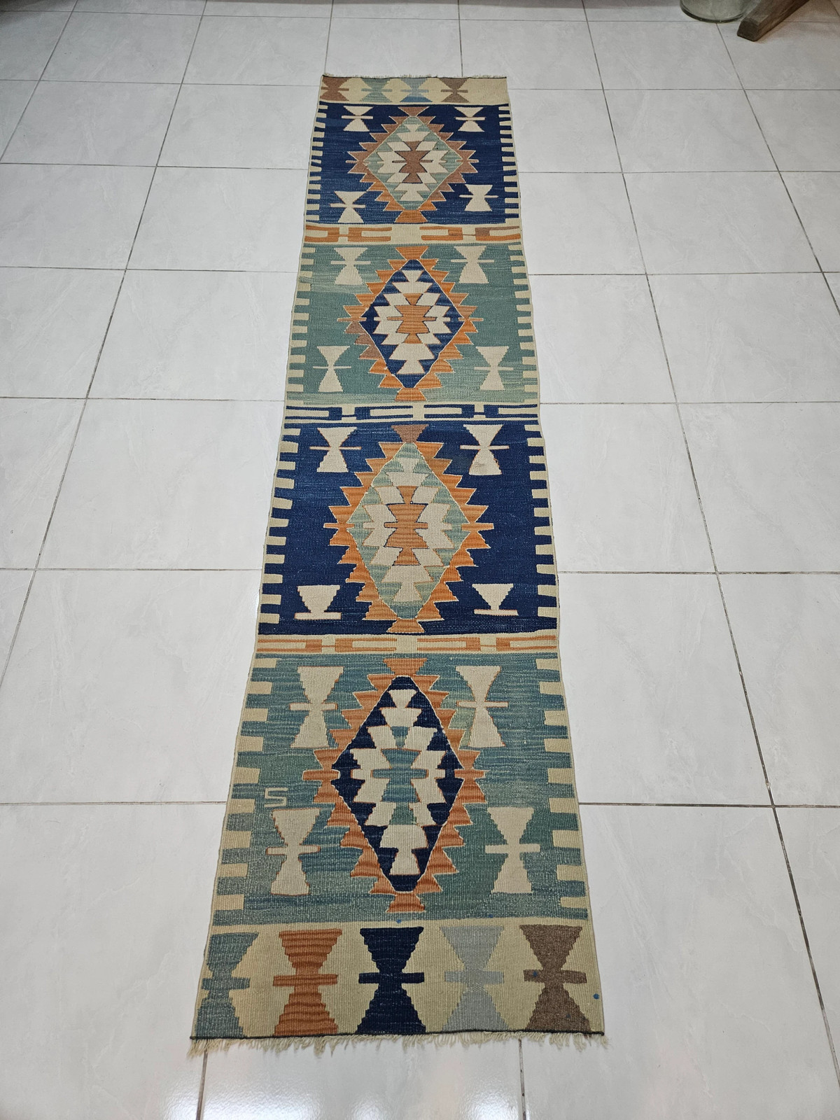 Blue Turkish Kilim Runner Rug, Vintage Hallway Carpet (2×8.7 ft)