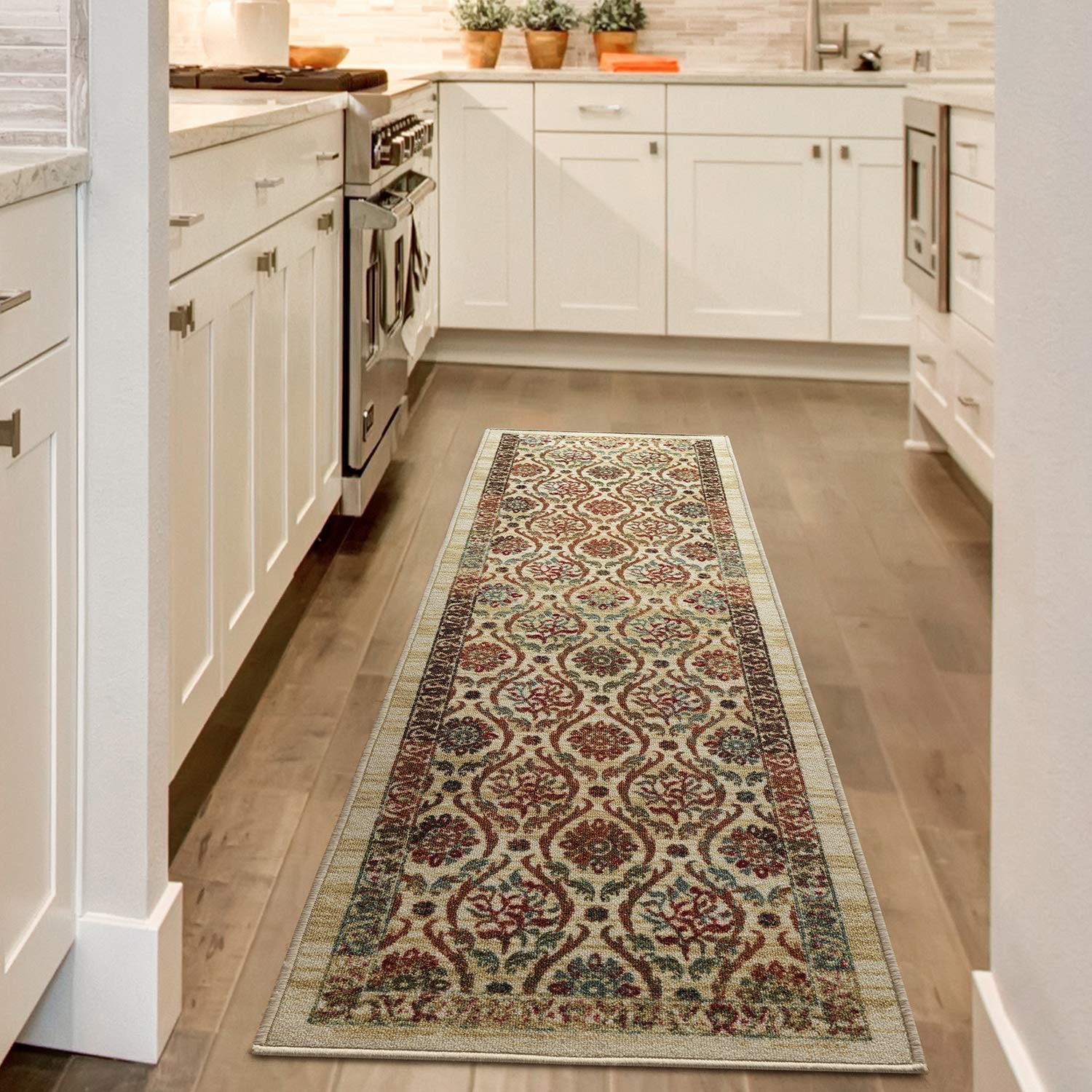 Antep Rugs Floral Geometric Runner Rug 2′ x 10′ Beige Multi