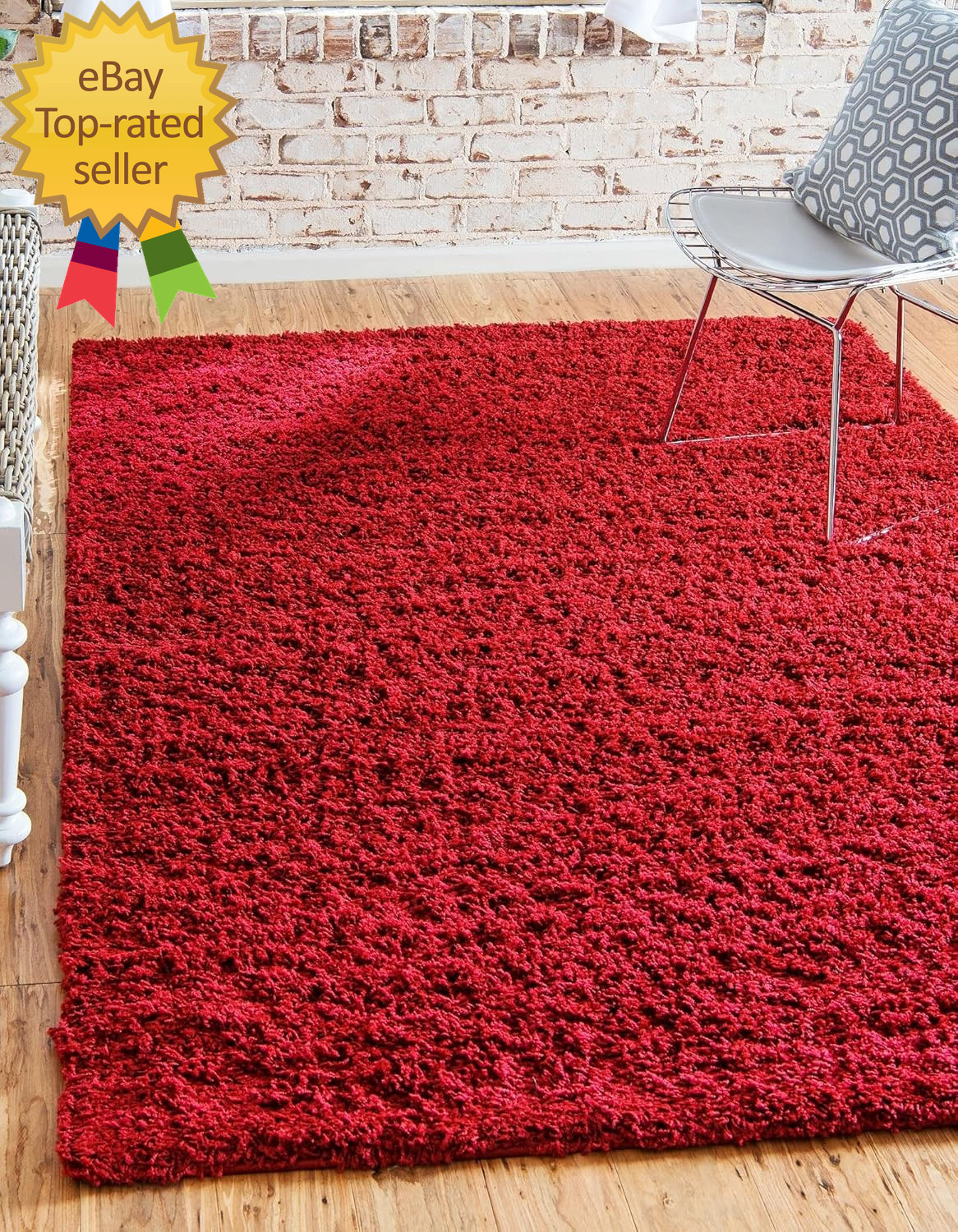 Solid Shag Collection Area Rug 2′ 7″ X 10′ Runner Cherry Red