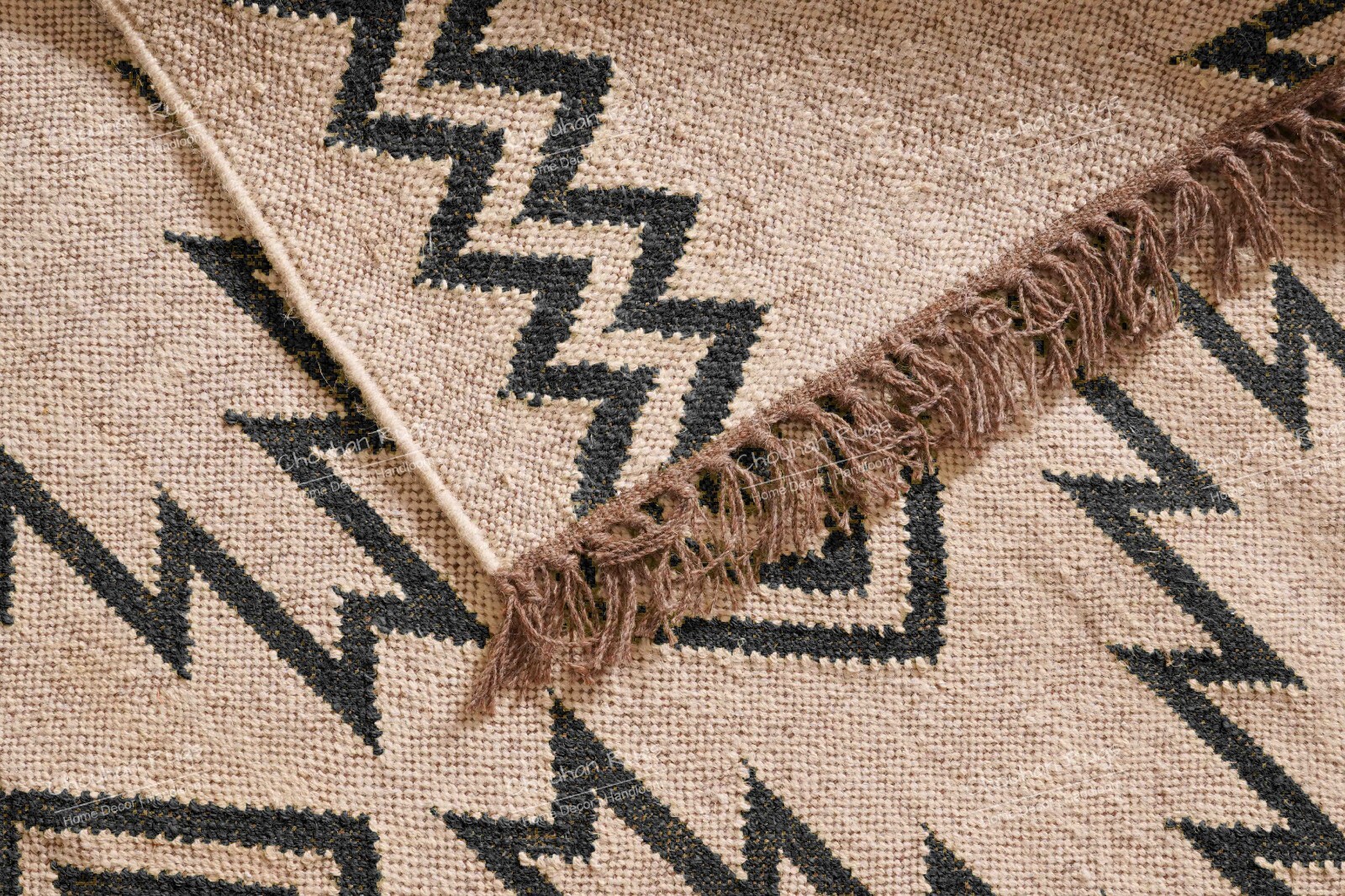 Handwoven Wool Jute Off White Kilim Rug With Black Design Rug For Living Room