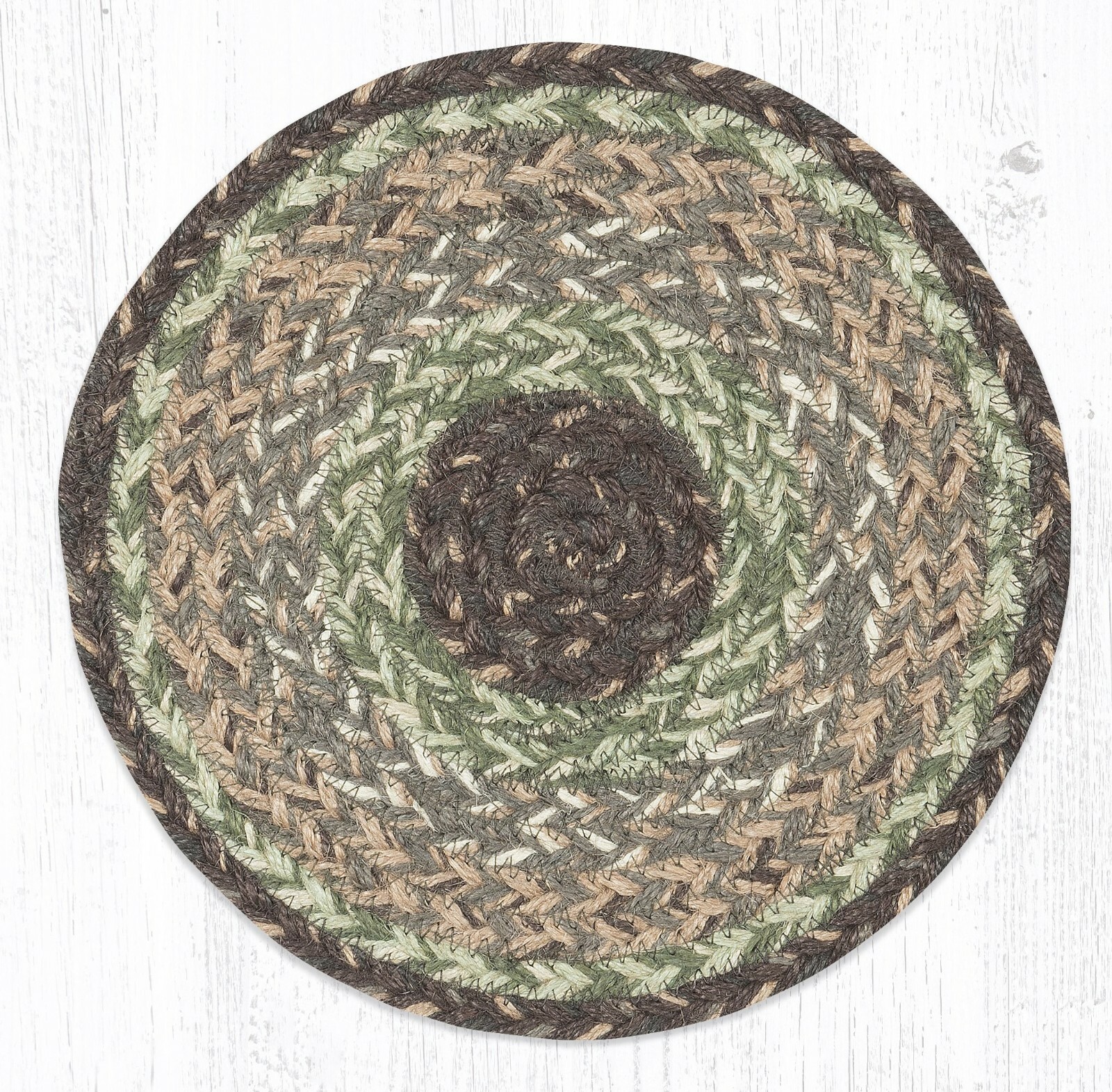 Set of 2 Braided Jute Round Placemat/Trivet/Swatch. BROWN, GREEN Earth Rugs.10″