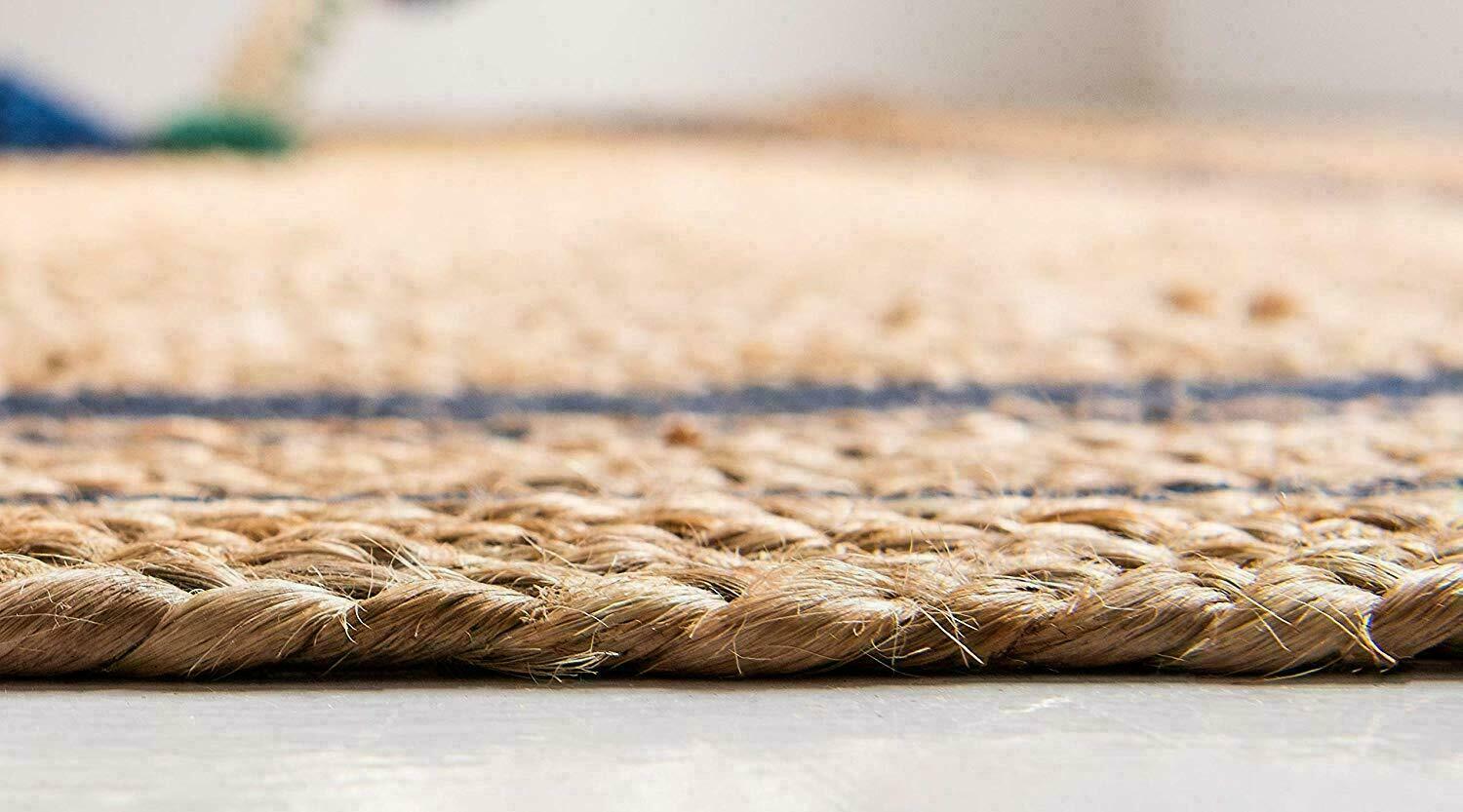 Rug Jute Rectangle Beige with Black Hand Braided Farmhouse Area Rug Rustic Look