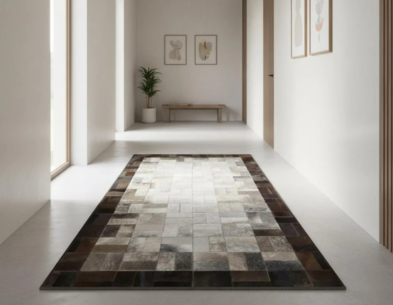Handmade Cowhide Patchwork Area Rug Brown Grey Leather Carpet Modern Hall Runner