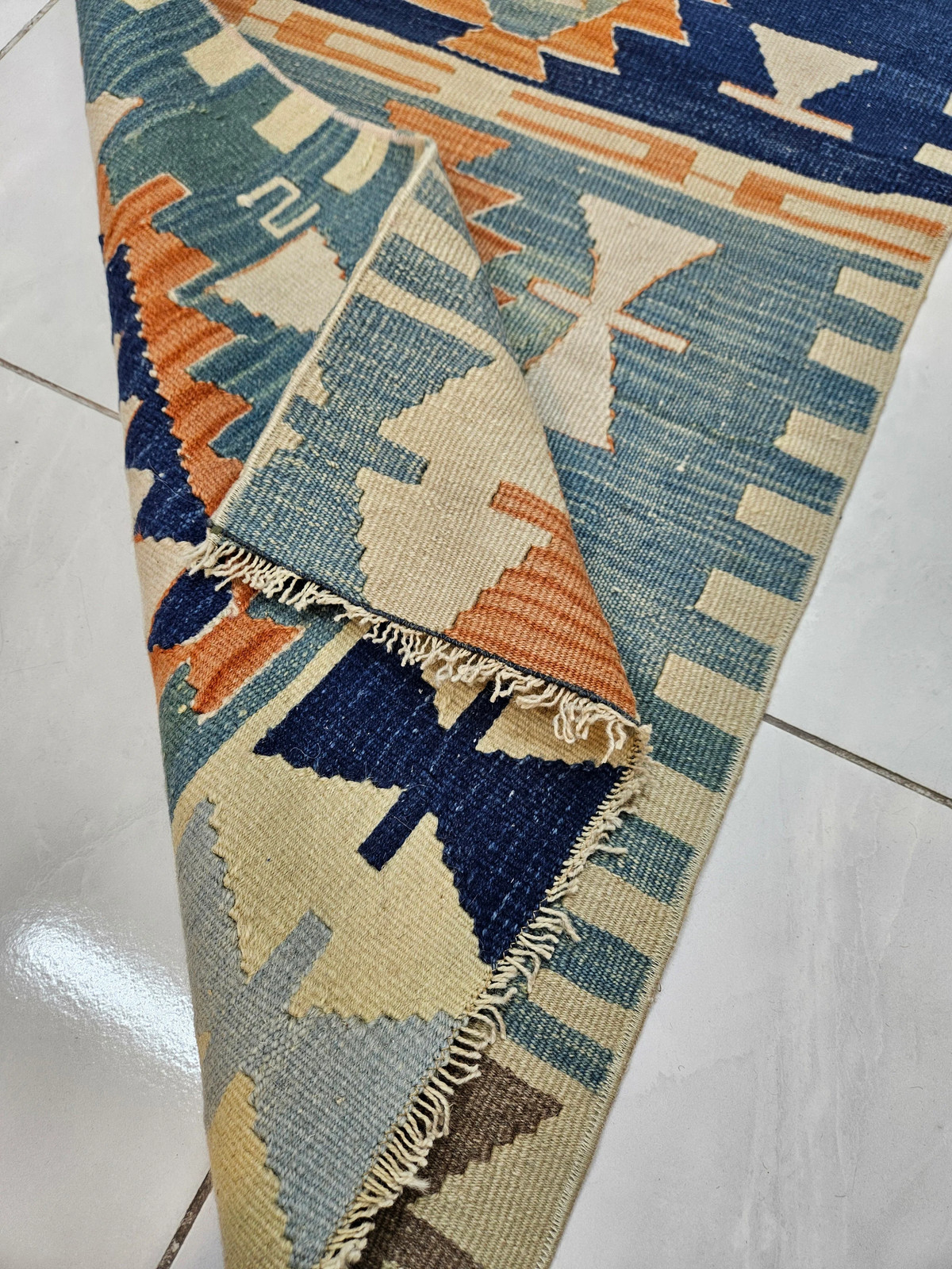 Blue Turkish Kilim Runner Rug, Vintage Hallway Carpet (2×8.7 ft)